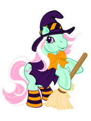 Size: 600x800 | Tagged: safe, artist:vernorexia, imported from derpibooru, minty, earth pony, pony, bipedal, bow, broom, cape, cloak, clothes, coloring book, g3, hat, official, pink mane, shading, simple background, socks, solo, standing, striped socks, transparent background, witch, witch costume, witch hat