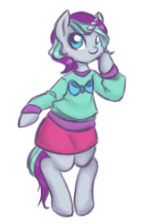 Size: 700x1111 | Tagged: safe, artist:hippykat13, artist:sabokat, imported from derpibooru, oc, oc only, pony, unicorn, bipedal, bow, clothes, horn, old art, pose, simple background, skirt, solo, standing, sweater, unicorn oc, white background