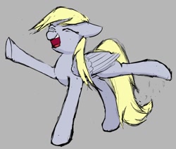 Size: 1167x989 | Tagged: safe, artist:hovel, imported from derpibooru, derpy hooves, pegasus, pony, cute, extended trot pose, eyes closed, floppy ears, gray background, open mouth, open smile, simple background, sketch, smiling, solo