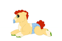 Size: 1280x854 | Tagged: safe, artist:itstechtock, imported from derpibooru, oc, oc:jalapeno popper, earth pony, pony, baby, baby pony, lying down, parent:oc:wanderleaf, prone, simple background, solo, white background