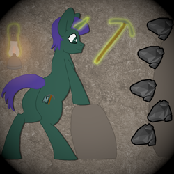 Size: 1400x1400 | Tagged: safe, imported from derpibooru, oc, oc:harmonious percussion, unicorn, bipedal, bipedal leaning, gemstones, green coat, green eyes, horn, lantern, leaning, magic, male, no shading, pickaxe, purple mane, rock, shadow, simple background, solo, telekinesis, unicorn oc, vignette