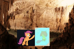 Size: 1744x1172 | Tagged: safe, artist:darlycatmake, imported from derpibooru, scootaloo, pegasus, 1000 hours in ms paint, awesome, cave, cavern, cro-marmot, crossover, cute, cutealoo, happy, happy tree friends, older, older scootaloo, touching