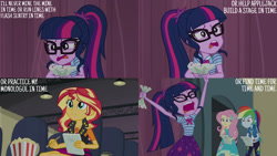 Size: 1280x720 | Tagged: safe, edit, edited screencap, editor:quoterific, imported from derpibooru, screencap, fluttershy, rainbow dash, sci-twi, sunset shimmer, twilight sparkle, human, equestria girls, equestria girls series, stressed in show, bowtie, clothes, cutie mark on clothes, eyes closed, female, food, geode of empathy, geode of fauna, geode of super speed, geode of telekinesis, glasses, hairpin, hoodie, jewelry, leather vest, magical geodes, necklace, open mouth, pencil, ponytail, popcorn, text, vest