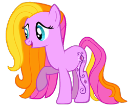 Size: 906x767 | Tagged: safe, artist:shokka-chan, imported from derpibooru, amazing grace, earth pony, pony, adoragrace, blue eyes, g3, g3 to g4, g4, generation leap, long mane, long tail, orange mane, pink coat, pink mane, redesign, simple background, solo, swirls, tail, transparent background, yellow mane