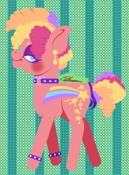 Size: 1200x1631 | Tagged: safe, artist:thefoxycat, imported from derpibooru, stripes (g1), earth pony, pony, bracelet, choker, curly mane, ear piercing, earring, eyeshadow, g1, jewelry, makeup, multicolored hair, orange coat, piercing, punk, rainbow curl pony, rainbow hair, redesign, ringlets, short mane, short tail, solo, studs, tail