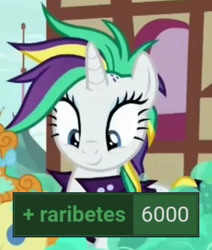 Size: 1920x2267 | Tagged: safe, edit, edited screencap, editor:itsmgh1203, imported from derpibooru, screencap, pumpkin cake, rarity, pony, unicorn, derpibooru, it isn't the mane thing about you, season 7, alternate hairstyle, baby, baby pony, cropped, cute, female, filly, foal, mare, meta, offscreen character, punk, raribetes, raripunk, smiling, solo focus, tags
