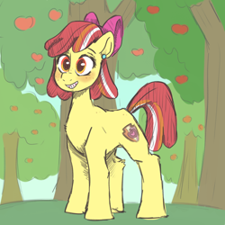 Size: 768x768 | Tagged: safe, artist:smirk, imported from derpibooru, apple bloom, earth pony, pony, blushing, bow, braces, colored sketch, dyed mane, ear piercing, earring, freckles, grin, hair bow, jewelry, older, orchard, piercing, smiling, solo, teenager