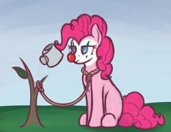 Size: 1297x1000 | Tagged: safe, artist:ahorseofcourse, imported from derpibooru, pinkie pie, earth pony, pony, clown, clown makeup, clown nose, dark comedy, implied suicide, meme, noose, pinkie joker, ponified meme, red nose, solo, the joker, tree, watering can