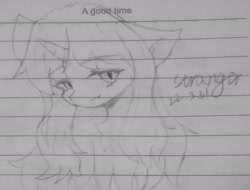 Size: 2109x1600 | Tagged: safe, artist:陌路, imported from derpibooru, pony, unicorn, ear fluff, lined paper, looking at you, pencil drawing, signature, smiling, solo, traditional art