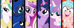 Size: 1280x480 | Tagged: safe, artist:j2xp, imported from derpibooru, cozy glow, princess cadance, princess celestia, princess flurry heart, princess luna, twilight sparkle, alicorn, alicornified, cozycorn, one of these things is not like the others, race swap, twilight sparkle (alicorn)