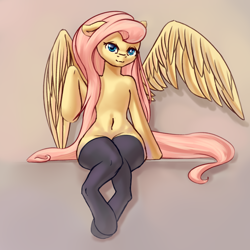 Size: 2000x2000 | Tagged: safe, artist:falses, imported from derpibooru, fluttershy, pegasus, semi-anthro, belly button, clothes, crossed legs, cute, digital art, eyes open, female, floppy ears, folded wings, gradient background, legs, legs together, legwear, looking at you, mare, shading, shyabetes, sitting, sketch, socks, solo, spread wings, stockings, thigh highs, thighs, thunder thighs, underhoof, wings