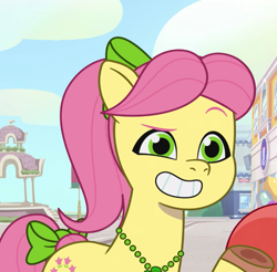 Size: 1871x1842 | Tagged: safe, imported from derpibooru, screencap, earth pony, pony, spoiler:g5, spoiler:my little pony: tell your tale, spoiler:tyts01e07, bow, clip trot, cropped, female, g5, green eyes, hair bow, mare, my little pony: tell your tale, pink mane, posey bloom, smiling, tail, tail bow