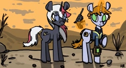 Size: 1980x1080 | Tagged: source needed, safe, artist:ralomchegg, imported from derpibooru, oc, oc only, oc:littlepip, oc:velvet remedy, pony, unicorn, fallout equestria, clothes, duo, duo female, female, gun, handgun, jumpsuit, little macintosh, pipbuck, revolver, vault suit, weapon, wrong magic color