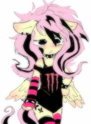 Size: 440x597 | Tagged: safe, artist:knwives, imported from derpibooru, fluttershy, pegasus, semi-anthro, alternate cutie mark, arm warmers, blushing, choker, clothes, cute, ear piercing, emo, emoshy, female, monster energy, piercing, shyabetes, simple background, socks, solo, spiked choker, spiked wristband, stockings, striped socks, thigh highs, two toned mane, white background, wristband