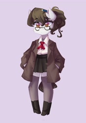 Size: 2871x4096 | Tagged: safe, artist:saxopi, imported from derpibooru, writing desk, earth pony, semi-anthro, boots, clothes, glasses, pencil, pleated skirt, shoes, skirt, socks, solo, thigh highs, zettai ryouiki