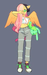 Size: 1345x2124 | Tagged: safe, artist:stevetwisp, imported from derpibooru, fluttershy, anthro, pegasus, rabbit, alternate hairstyle, animal, beanie, belly button, blue background, bubblegum, clothes, converse, cute, female, food, gum, hair over one eye, hat, jeans, midriff, pants, plushie, ripped jeans, ripped pants, shoes, short shirt, shyabetes, simple background, sneakers, solo, sunglasses, torn clothes, toy