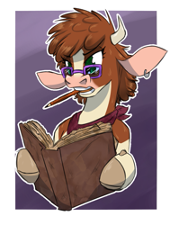 Size: 909x1200 | Tagged: safe, artist:redahfuhrerking, imported from derpibooru, cow, them's fightin' herds, arizona (tfh), bandana, book, cloven hooves, colored, community related, ear piercing, earring, female, glasses, gradient background, jewelry, mouth hold, pen, pencil, piercing, reading, simple background, solo