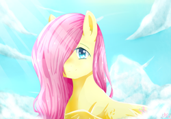 Size: 1024x717 | Tagged: safe, artist:angelapie, imported from derpibooru, fluttershy, pegasus, pony, anime style, bust, cloud, crepuscular rays, female, hair over one eye, looking at you, mare, outdoors, sky, sky background, smiling, smiling at you, solo, three quarter view, wings