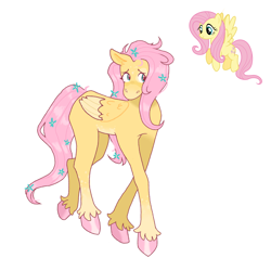 Size: 1280x1280 | Tagged: safe, artist:screechingflower, imported from derpibooru, fluttershy, pegasus, pony, colored hooves, female, flower, flower in hair, flower in tail, folded wings, long legs, looking sideways, mare, screencap reference, simple background, solo, standing, tail, turned head, unshorn fetlocks, white background, wings