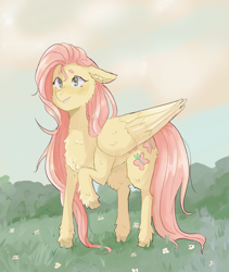 Size: 1280x1520 | Tagged: safe, artist:zhe-venven, imported from derpibooru, fluttershy, pegasus, pony, cheek fluff, chest fluff, ear fluff, female, floppy ears, flower, fluffy, folded wings, grass, gritted teeth, hoof fluff, leg fluff, mare, outdoors, raised hoof, smiling, solo, standing, teeth, unshorn fetlocks, wings