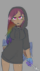 Size: 1080x1920 | Tagged: safe, artist:metaruscarlet, imported from derpibooru, oc, oc only, oc:cupcake splatter, human, fanfic:cupcakes, fanfic:rainbow factory, bandage, breasts, choker, clothes, ear piercing, earring, eyebrow piercing, eyeshadow, fanfic art, female, gloves, gray background, hoodie, humanized, humanized oc, jewelry, magical lesbian spawn, makeup, multicolored hair, nose piercing, nose ring, offspring, open mouth, parent:pinkie pie, parent:rainbow dash, parents:pinkiedash, piercing, rainbow hair, scalpel, simple background, solo, winged humanization, wings