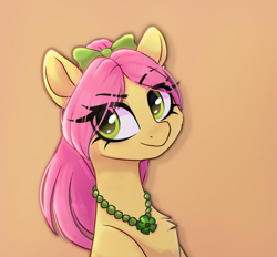 Size: 1280x1188 | Tagged: safe, artist:_alixxie_, imported from derpibooru, earth pony, pony, bow, bust, chest fluff, eye clipping through hair, female, g5, gradient background, hair bow, jewelry, looking at you, mare, necklace, portrait, posey bloom, solo, three quarter view