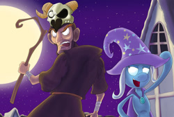 Size: 1280x863 | Tagged: safe, artist:coffeebanana, imported from derpibooru, trixie, human, pony, unicorn, cape, clothes, crossover, duo, female, full moon, hat, magic, male, merasmus, moon, night, ponyville, skull, staff, team fortress 2, town, trixie's cape, trixie's hat, unamused