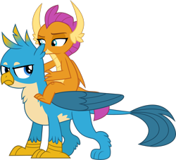 Size: 2000x1816 | Tagged: safe, artist:frownfactory, imported from derpibooru, part of a set, gallus, smolder, dragon, griffon, annoyed, dragon knight series, dragoness, dragons riding griffons, female, frown, gallus is not amused, horns, male, part of a series, riding, simple background, smolder riding gallus, transparent background, unamused, vector, wings