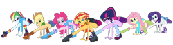 Size: 1576x415 | Tagged: safe, artist:gmaplay, imported from derpibooru, applejack, fluttershy, pinkie pie, rainbow dash, rarity, sci-twi, sunset shimmer, twilight sparkle, human, equestria girls, black underwear, blue underwear, clothes, green underwear, helping twilight win the crown, humane five, humane seven, humane six, panties, purple underwear, rarity peplum dress, simple background, socks, transparent background, underwear