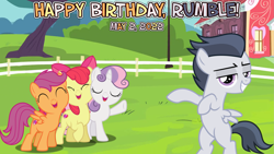 Size: 2063x1161 | Tagged: safe, artist:not-yet-a-brony, imported from derpibooru, apple bloom, rumble, scootaloo, sweetie belle, earth pony, pegasus, unicorn, 2022, bipedal, birthday, cutie mark crusaders, may, ponyville schoolhouse, vincent tong, voice actor reference