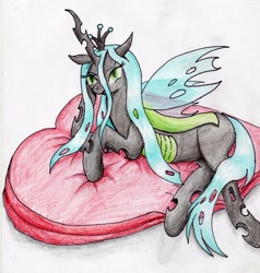 Size: 3273x3433 | Tagged: safe, artist:40kponyguy, derpibooru exclusive, imported from derpibooru, queen chrysalis, changeling, changeling queen, canterlot wedding 10th anniversary, crown, cushion, female, looking at you, lying down, regalia, simple background, solo, traditional art