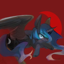 Size: 1024x1024 | Tagged: safe, artist:catcity__, imported from derpibooru, princess luna, alicorn, pony, blood moon, crossed arms, ears up, eyebrows, eyebrows visible through hair, female, glowing, glowing eyes, looking at you, lying down, mare, moon, prone, red background, simple background, solo, spread wings, wings