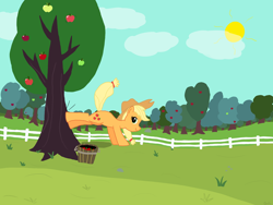 Size: 1600x1200 | Tagged: safe, artist:gilo, imported from derpibooru, applejack, earth pony, pony, apple, apple tree, applebucking, farm, fence, kicking, outdoors, smiling, solo, sun, tree