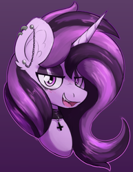 Size: 1888x2444 | Tagged: safe, artist:czu, imported from derpibooru, oc, oc:czupone, pony, bust, collar, eyeshadow, fangs, goth, horn, makeup, male, open mouth, piercing, simple background, solo