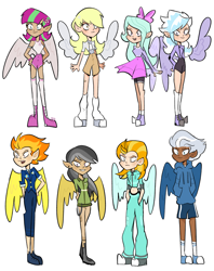 Size: 3637x4587 | Tagged: safe, artist:charrlll, imported from derpibooru, blossomforth, cloudchaser, daring do, derpy hooves, flitter, lightning dust, night glider, spitfire, elf, fairy, human, absurd resolution, bandaid, belly button, boots, bracelet, clothes, converse, dark skin, ear piercing, earring, elf ears, female, freckles, grin, hand on hip, hoodie, humanized, jewelry, kneesocks, leg warmers, midriff, necktie, pants, piercing, shirt, shoes, shorts, siblings, simple background, sisters, skirt, smiling, socks, sports shorts, stockings, tanktop, thigh highs, tomboy, twins, uniform, wall of tags, white background, winged humanization, wings, wonderbolts dress uniform, wristband