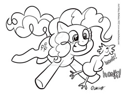 Size: 600x464 | Tagged: safe, artist:marybellamy, imported from derpibooru, pinkie pie, pony, lineart, monochrome, onomatopoeia, patreon, patreon reward, rubber chicken, simple background, smiling, solo, sound effects, white background, wide eyes