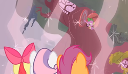 Size: 662x380 | Tagged: safe, imported from derpibooru, screencap, apple bloom, scootaloo, spike, sweetie belle, dragon, earth pony, pegasus, pony, unicorn, ponyville confidential, season 2, angry, bow, cutie mark crusaders, female, filly, foal, force field, golden oaks library, hair bow, looking down, magic, sparkles, tree, window