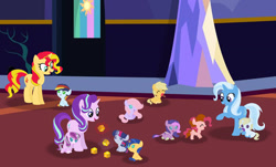 Size: 1280x772 | Tagged: safe, artist:wispyaxolotl, imported from derpibooru, starlight glimmer, sunset shimmer, trixie, oc, oc:aurora (wispyaxolotl), oc:dreamy moon, oc:fire wisp, oc:golden caramel, oc:jewell, oc:lilly blossom, oc:muffin, oc:skye painter, oc:star swish, dracony, earth pony, hybrid, pegasus, pony, unicorn, baby, baby pony, babysitting, base used, blocks, female, filly, foal, interspecies offspring, levitation, magic, mare, offspring, pacifier, parent:applejack, parent:big macintosh, parent:caramel, parent:cheese sandwich, parent:comet tail, parent:flash sentry, parent:fluttershy, parent:pinkie pie, parent:prince blueblood, parent:rainbow dash, parent:rarity, parent:soarin', parent:spike, parent:starlight glimmer, parent:sunburst, parent:sunset shimmer, parent:trixie, parent:twilight sparkle, parents:bluetrix, parents:carajack, parents:cheesepie, parents:cometlight, parents:flashimmer, parents:fluttermac, parents:soarindash, parents:sparity, parents:starburst, telekinesis, twilight's castle