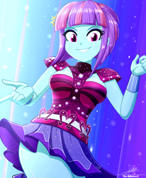 Size: 1784x2163 | Tagged: safe, artist:the-butch-x, imported from derpibooru, sunny flare, human, dance magic, equestria girls, spoiler:eqg specials, breasts, busty sunny flare, clothes, dance magic outfit, dress, female, grin, hairpin, high res, looking at you, schrödinger's pantsu, signature, smiling, solo, teeth