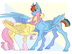 Size: 1600x1200 | Tagged: safe, artist:snowberry, imported from derpibooru, fluttershy, rainbow dash, pegasus, pony, abstract background, alternate design, blaze (coat marking), blushing, butterblitz, butterscotch, coat markings, cute, facial markings, feathered fetlocks, femboy, flutterdash, frog (hoof), gay, height difference, hoers, male, muscles, neck nuzzle, nudity, nuzzling, rainbow blitz, realistic horse legs, rear view, rule 63, sheath, shipping, smiling, socks (coat markings), spread wings, stallion, underhoof, unshorn fetlocks, wings