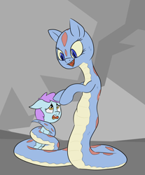 Size: 1940x2342 | Tagged: safe, artist:happy harvey, imported from derpibooru, oc, oc only, earth pony, lamia, original species, pony, snake, snake pony, coils, fangs, female, female pred, filly, filly prey, foal, happy, hug, imminent vore, mare, phone drawing, predator vs prey, scared, slit pupils, vore sequence, wrapped up