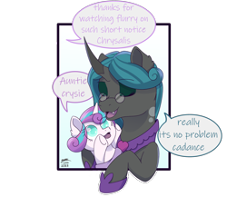 Size: 3790x3286 | Tagged: safe, artist:backgroundpony#f352, imported from derpibooru, princess flurry heart, queen chrysalis, alicorn, changeling, changeling queen, pony, auntie chrissy, baby, canterlot wedding 10th anniversary, duo, eyes closed, eyes open, female, glasses, horn, mare, mirror universe, princess, reversalis, signature, simple background, text, transparent background