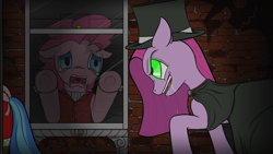 Size: 1920x1080 | Tagged: safe, artist:underwoodart, imported from derpibooru, pinkie pie, earth pony, pony, alternate universe, bow, brick wall, cloak, clothes, crying, cuffs (clothes), detailed background, dr jekyll and mr hyde, dr pinkie, dr pinkie and miss pie, drool, duality, glowing, glowing eyes, hat, miss pie, pinkamena diane pie, prostitute, reflection, shadow, stalker, stalking, tail, tail bow, top hat, victorian, waistcoat, window