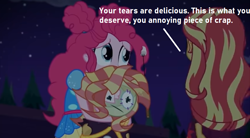 Size: 818x453 | Tagged: safe, edit, edited screencap, imported from derpibooru, screencap, pinkie pie, sunset shimmer, human, equestria girls, equestria girls series, sunset's backstage pass!, spoiler:eqg series (season 2), actual sunset shimmer, low effort, mouthpiece, op is a duck, op is trying to start shit, scene interpretation, swearing, vulgar