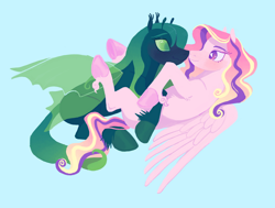 Size: 3912x2964 | Tagged: safe, artist:universal-heart, imported from derpibooru, princess cadance, queen chrysalis, changeling, pegasus, pony, blue background, cadalis, colored hooves, duo, female, heart eyes, infidelity, lesbian, lineless, looking at each other, looking at someone, missing accessory, shipping, simple background, wingding eyes