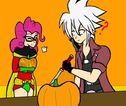 Size: 2229x1875 | Tagged: safe, artist:ssvineman, imported from derpibooru, pinkie pie, human, equestria girls, clothes, costume, halloween, halloween costume, holiday, jack-o-lantern, pumpkin, ragna the bloodedge, robin