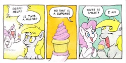 Size: 1196x599 | Tagged: safe, artist:lost marbles, imported from derpibooru, derpy hooves, pinkie pie, earth pony, pegasus, pony, comic, comic strip, cupcake, dialogue, female, food, traditional art, watercolor painting