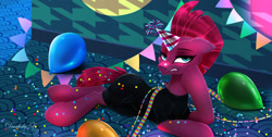 Size: 2971x1500 | Tagged: safe, artist:darksly, imported from derpibooru, tempest shadow, pony, unicorn, balloon, confetti, female, hat, lying down, mare, party hat, solo, streamers, tempest shadow is not amused, unamused