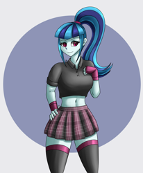 Size: 1400x1700 | Tagged: safe, artist:zachc, imported from derpibooru, sonata dusk, human, equestria girls, belly button, clothes, fingerless gloves, gloves, midriff, skirt, socks, solo, thigh highs, zettai ryouiki