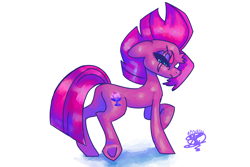 Size: 3600x2400 | Tagged: safe, artist:mannybcadavera, imported from derpibooru, fizzlepop berrytwist, tempest shadow, pony, unicorn, broken horn, butt, ears back, female, glare, horn, looking at you, looking back, looking back at you, mare, plot, simple background, solo, underhoof, white background